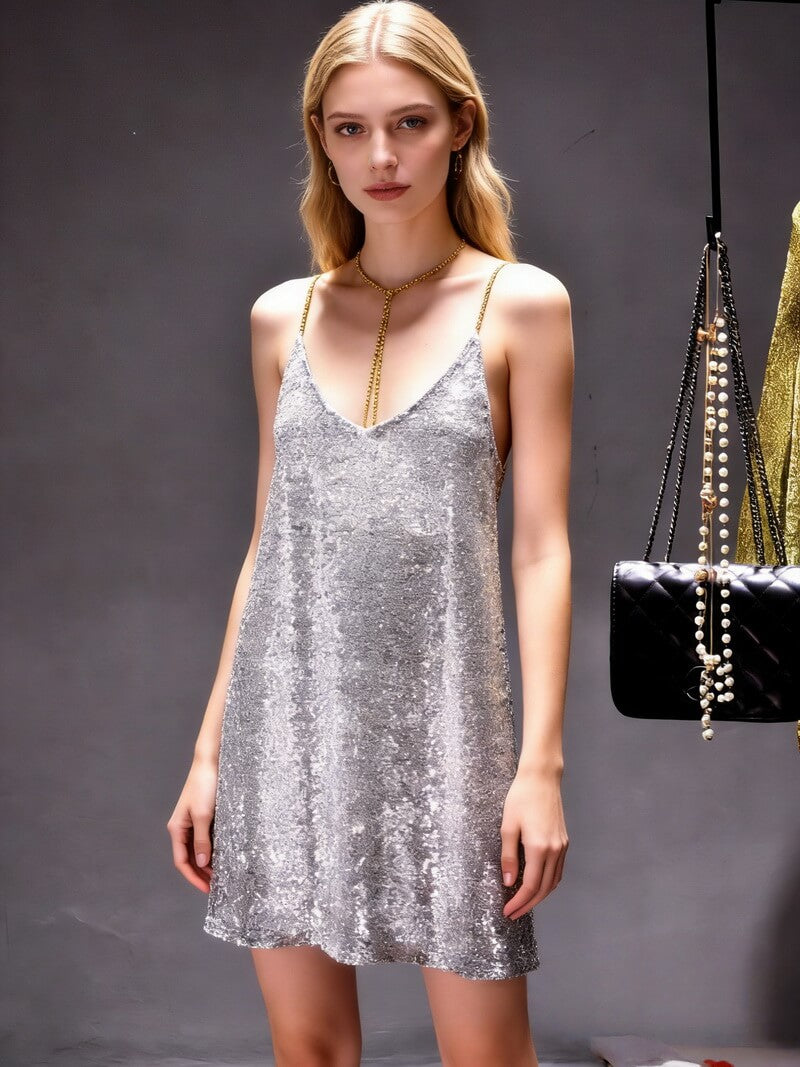 NURO Women's Halter Neck Sequin Chain Dress - Backless, Midi, Bodycon, Party Gown