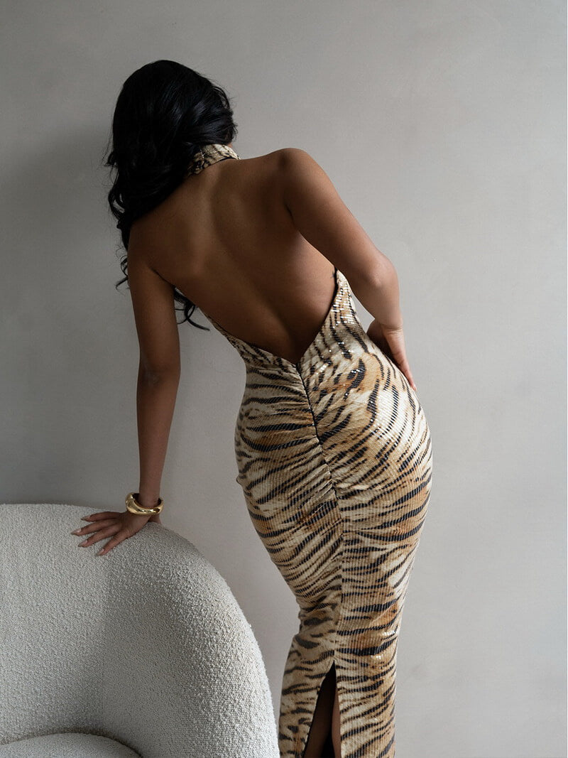 NURO Women's Halter Neck Sequin Leopard Bodycon Dress - Backless, Long Sleeveless Gown, Evening Party Dress