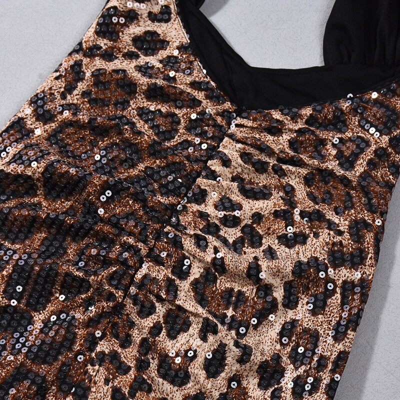 NURO Women's Halter Neck Sequin Leopard Bodycon Dress - Backless, Long Sleeveless Gown, Evening Party Dress