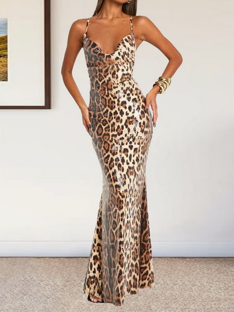 NURO Women's Halter Neck Sequin Leopard Mermaid Dress - Deep V Back, Lace-Up, Evening Gown, Bodycon Fit
