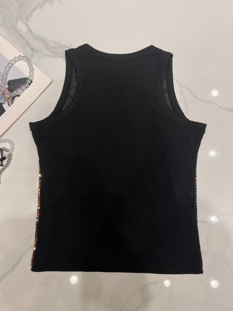 NURO Women's Halter Neck Sequin Leopard Tank Top - Sleeveless, Bodycon, Sexy Crop Top