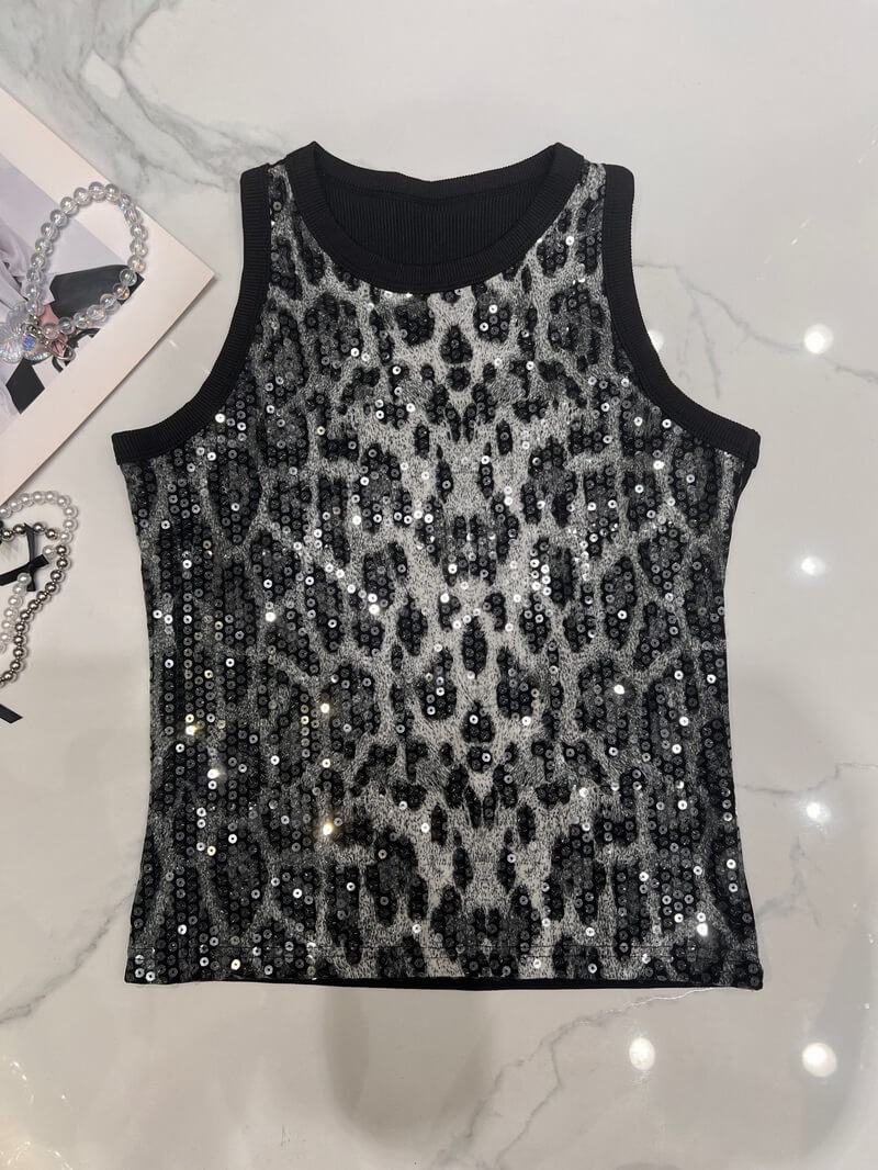 NURO Women's Halter Neck Sequin Leopard Tank Top - Sleeveless, Bodycon, Sexy Crop Top