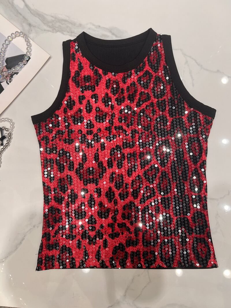 NURO Women's Halter Neck Sequin Leopard Tank Top - Sleeveless, Bodycon, Sexy Crop Top