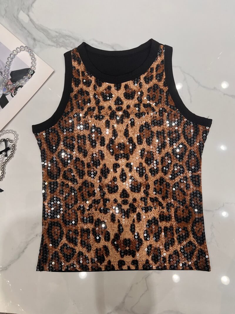 NURO Women's Halter Neck Sequin Leopard Tank Top - Sleeveless, Bodycon, Sexy Crop Top