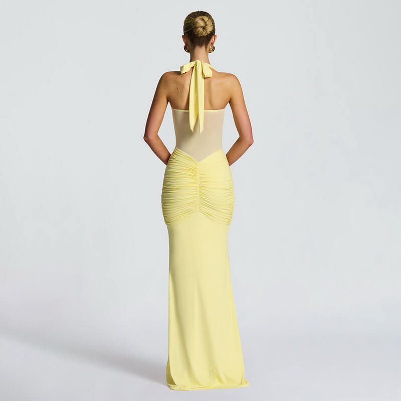 NURO Women's Halter Neck Sheer Mesh Maxi Dress, Elegant Evening Gown with Side Slit