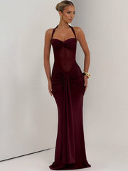 NURO Women's Halter Neck Sheer Mesh Maxi Dress, Elegant Evening Gown with Side Slit