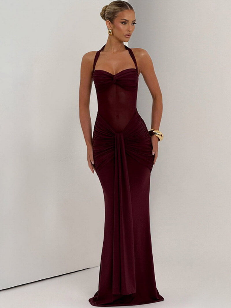 NURO Women's Halter Neck Sheer Mesh Maxi Dress, Elegant Evening Gown with Side Slit