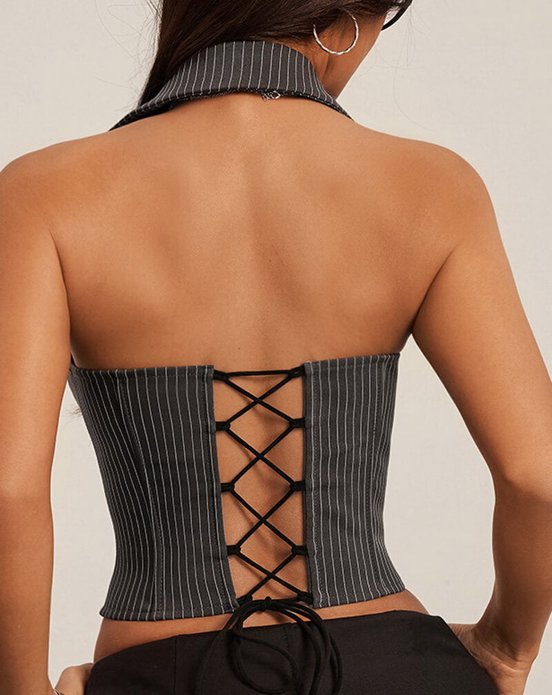NURO Women's Halter Neck Striped Corset Top with Bow Detail