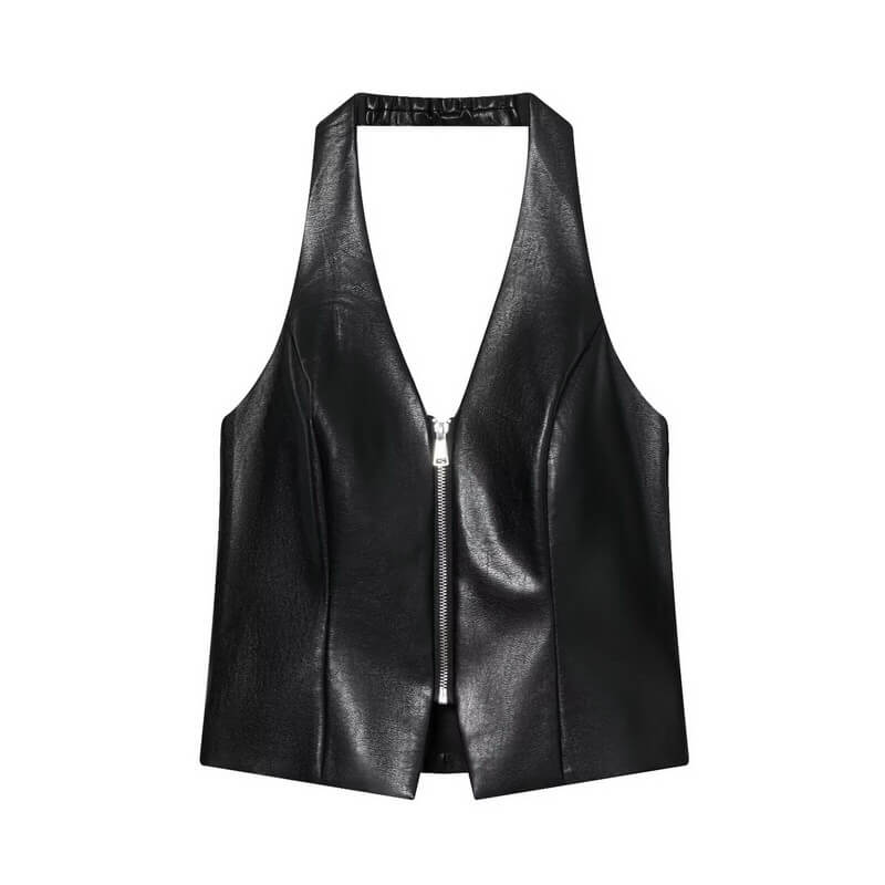 NURO Women's Halter Neck Zip Front Top, Backless Sleeveless Crop Top