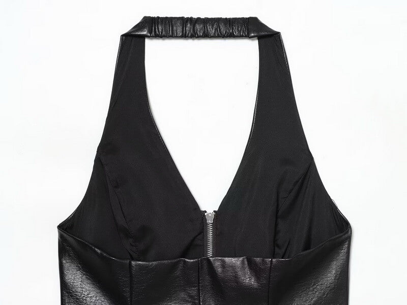 NURO Women's Halter Neck Zip Front Top, Backless Sleeveless Crop Top