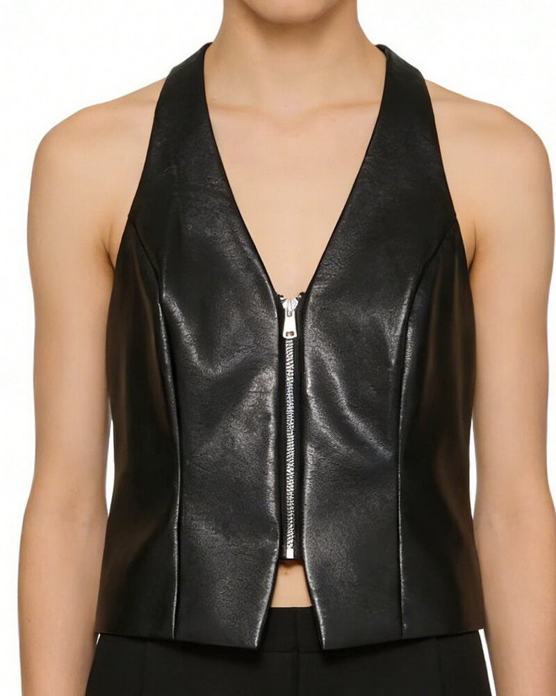 NURO Women's Halter Neck Zip Front Top, Backless Sleeveless Crop Top