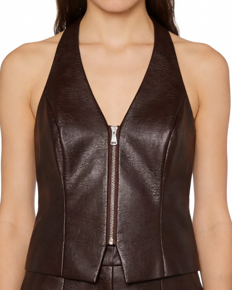 NURO Women's Halter Neck Zip Front Top, Backless Sleeveless Crop Top