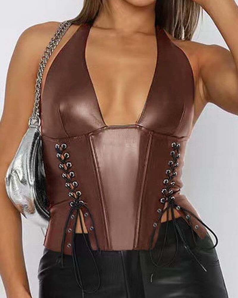 NURO Women's Halter PU Leather Corset Top - Sexy Lace-Up Cropped Bustier, Bodycon Cami Vest
