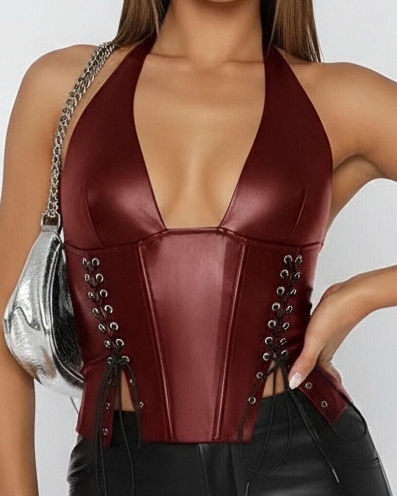 NURO Women's Halter PU Leather Corset Top - Sexy Lace-Up Cropped Bustier, Bodycon Cami Vest
