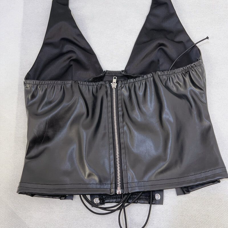 NURO Women's Halter PU Leather Corset Top - Sexy Lace-Up Cropped Bustier, Bodycon Cami Vest