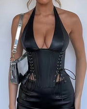NURO Women's Halter PU Leather Corset Top - Sexy Lace-Up Cropped Bustier, Bodycon Cami Vest