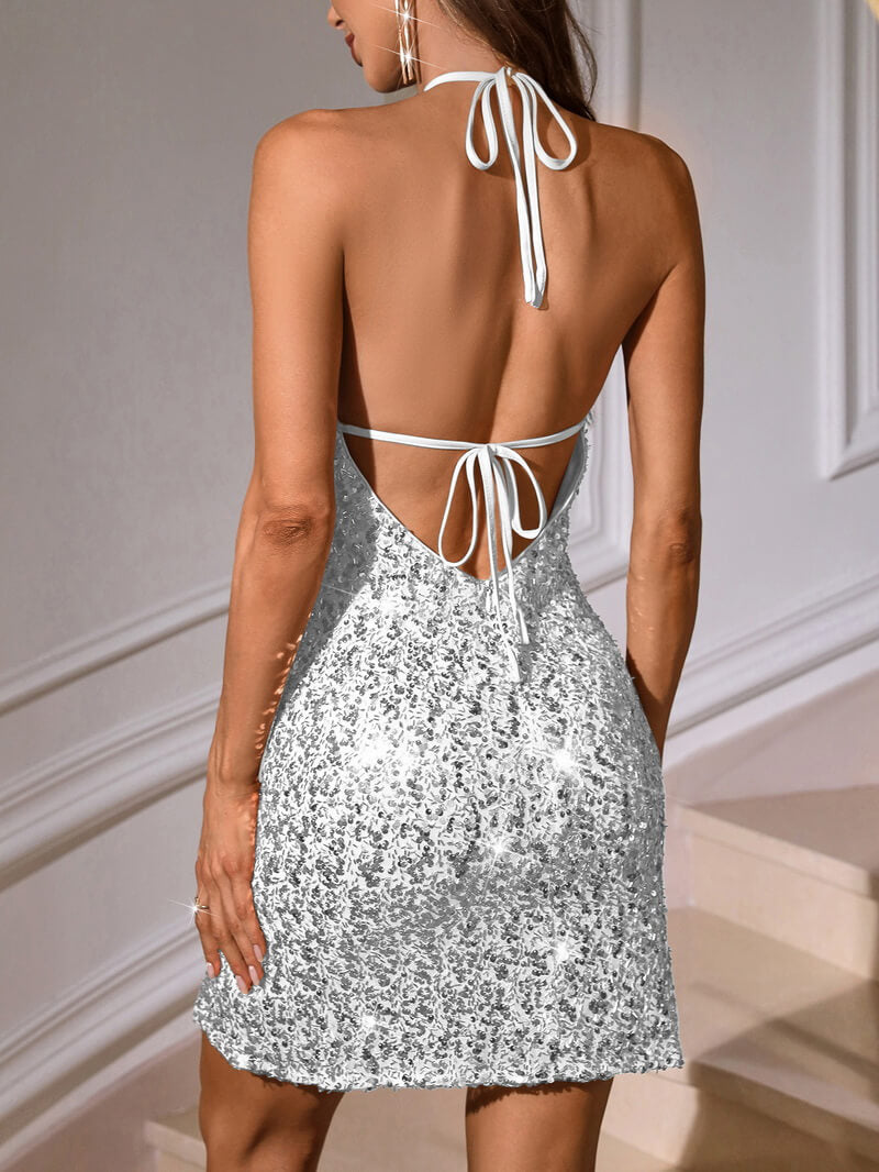 NURO Women's Halter Sequin Cocktail Dress - A-Line Sleeveless Mini Dress for Nightclub, Party, and Evening