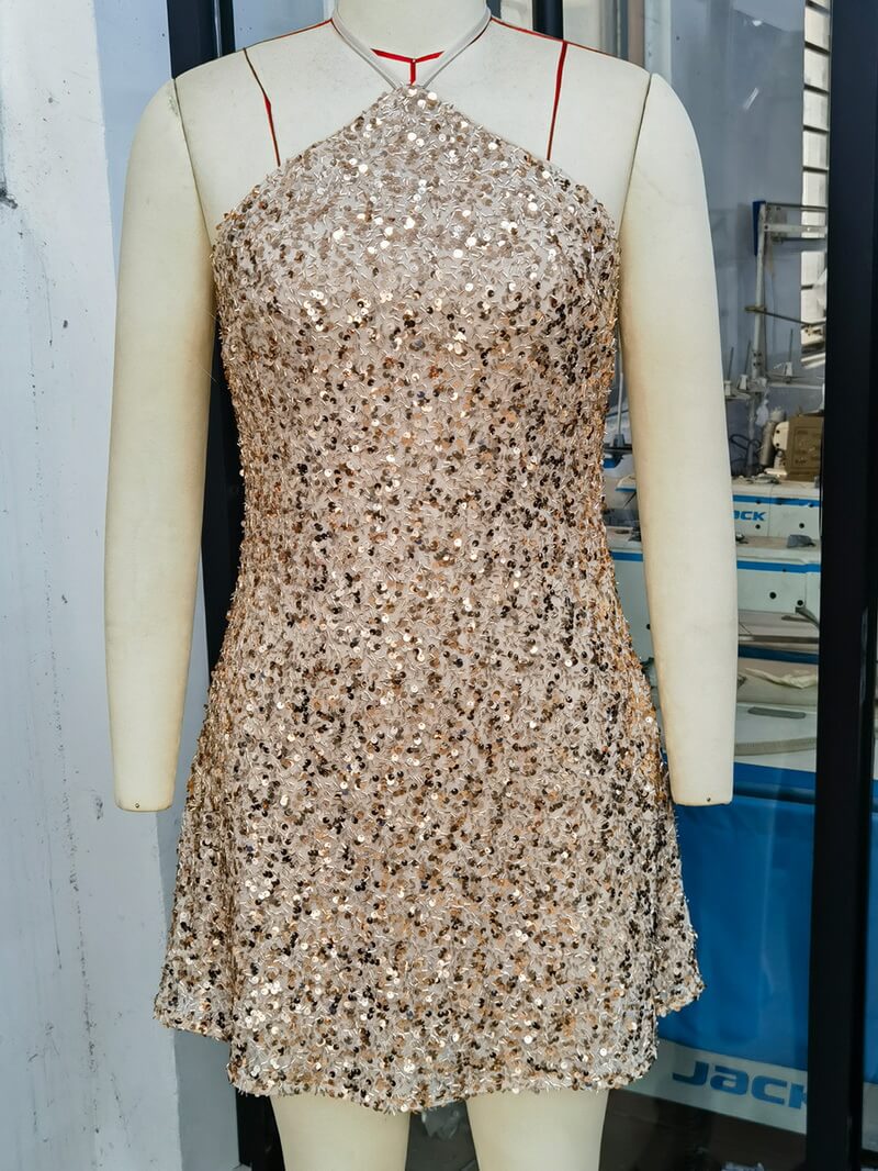 NURO Women's Halter Sequin Cocktail Dress - A-Line Sleeveless Mini Dress for Nightclub, Party, and Evening