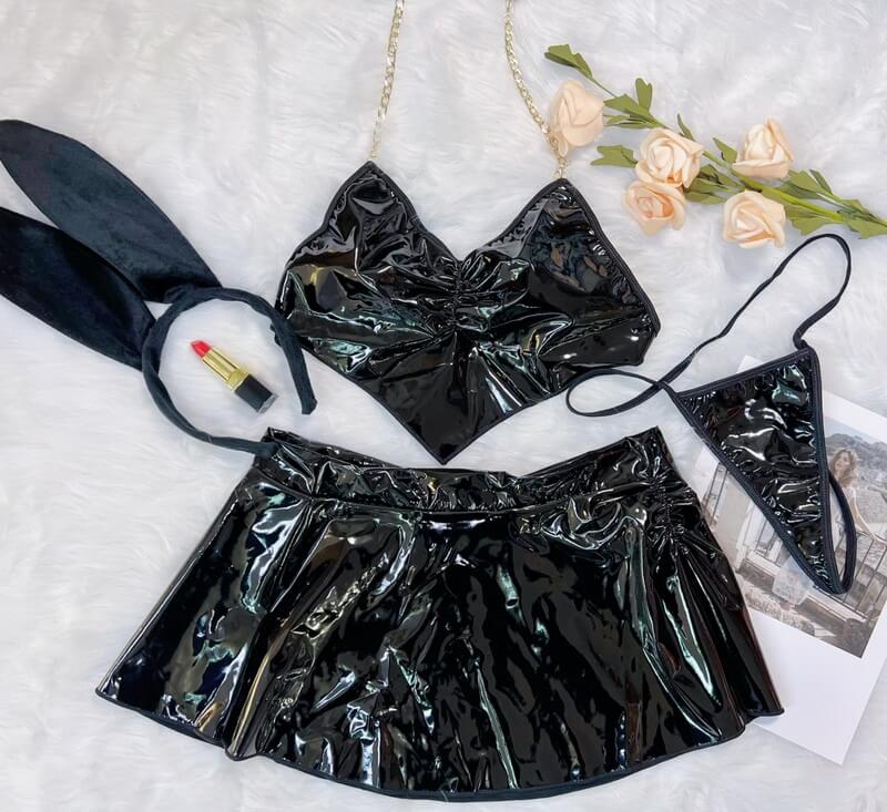 NURO Women's Heart PU Leather Cami Bodysuit, Strappy Lingerie Set with Corset Detail