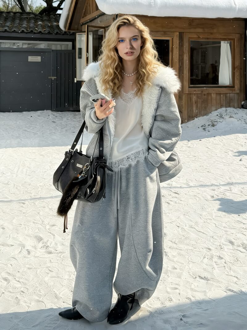 NURO Women's High-Stretch Lounge Pants, Wide Leg Sweatpants with Drawstring, Soft Fleece Lined Joggers for Streetwear (Black, White, Gray, Brown)