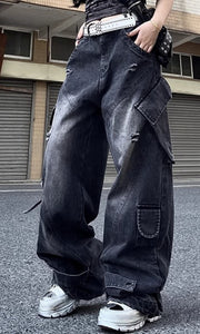 NURO Women's High-Waisted Cargo Jeans - Multi-Pocket, Wide Leg, Acid Wash, Streetwear Pants