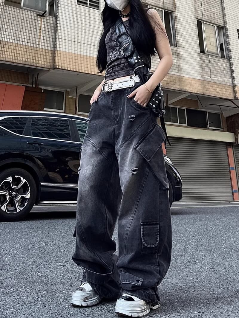 NURO Women's High-Waisted Cargo Jeans - Multi-Pocket, Wide Leg, Acid Wash, Streetwear Pants