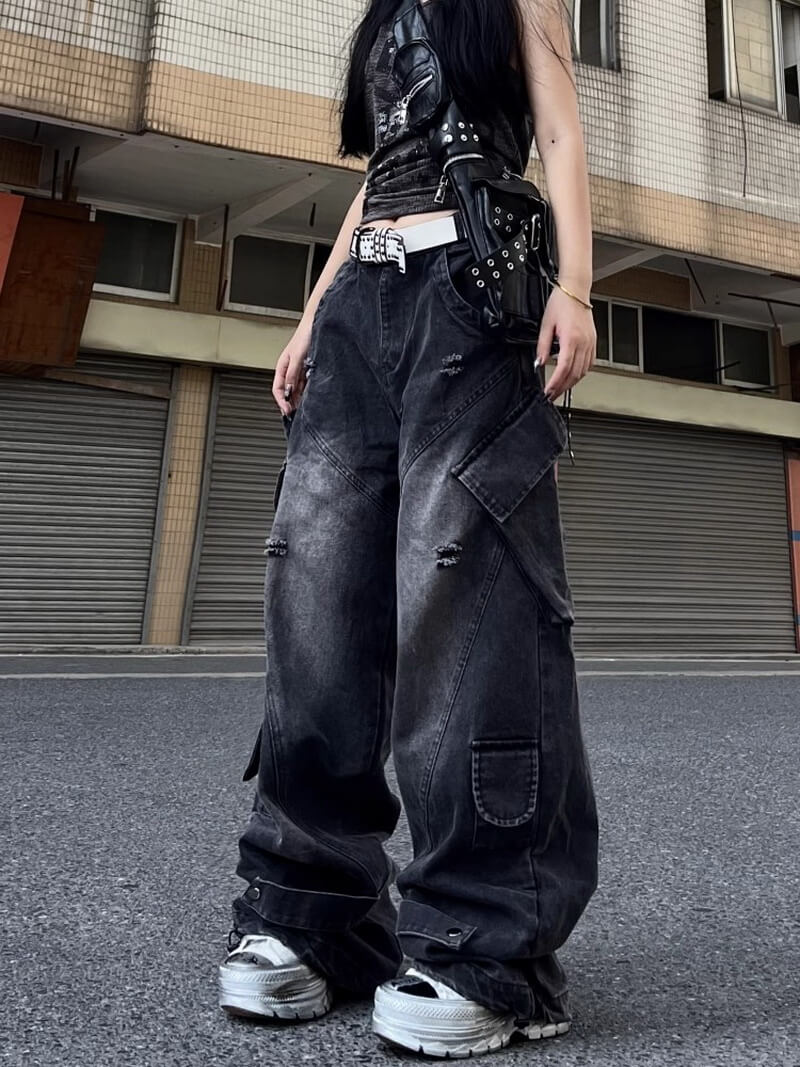 NURO Women's High-Waisted Cargo Jeans - Multi-Pocket, Wide Leg, Acid Wash, Streetwear Pants