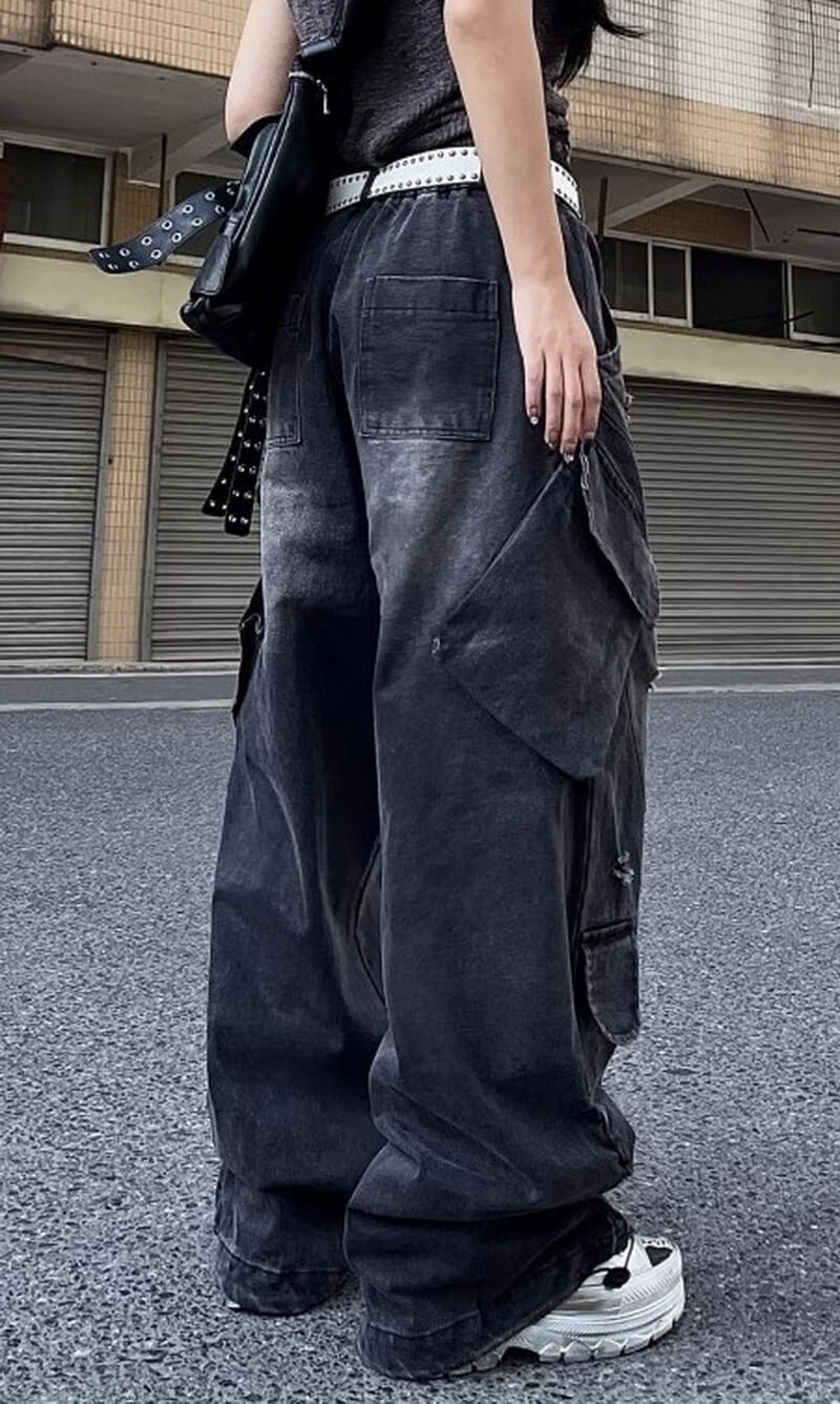 NURO Women's High-Waisted Cargo Jeans - Multi-Pocket, Wide Leg, Acid Wash, Streetwear Pants