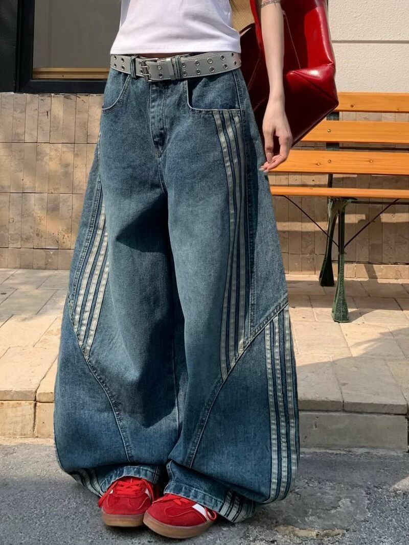 NURO Women's High-Waisted Deconstructed Wide Leg Jeans - Washed Denim, Stripe Detail, Relaxed Fit