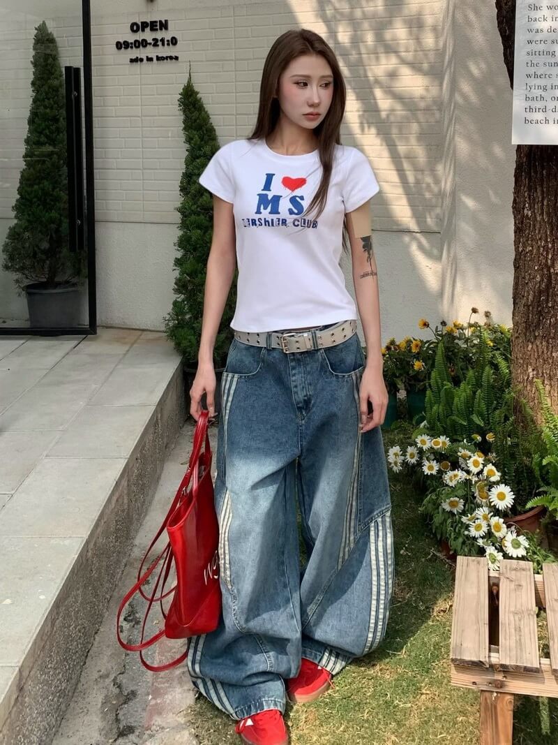 NURO Women's High-Waisted Deconstructed Wide Leg Jeans - Washed Denim, Stripe Detail, Relaxed Fit