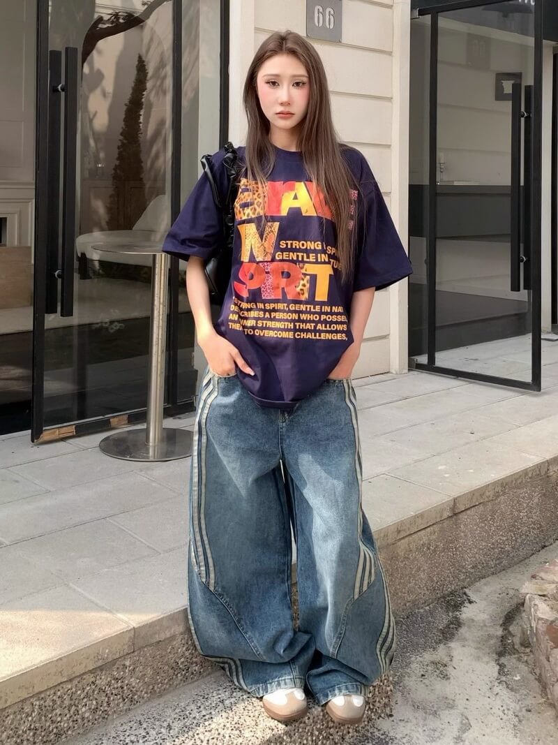 NURO Women's High-Waisted Deconstructed Wide Leg Jeans - Washed Denim, Stripe Detail, Relaxed Fit