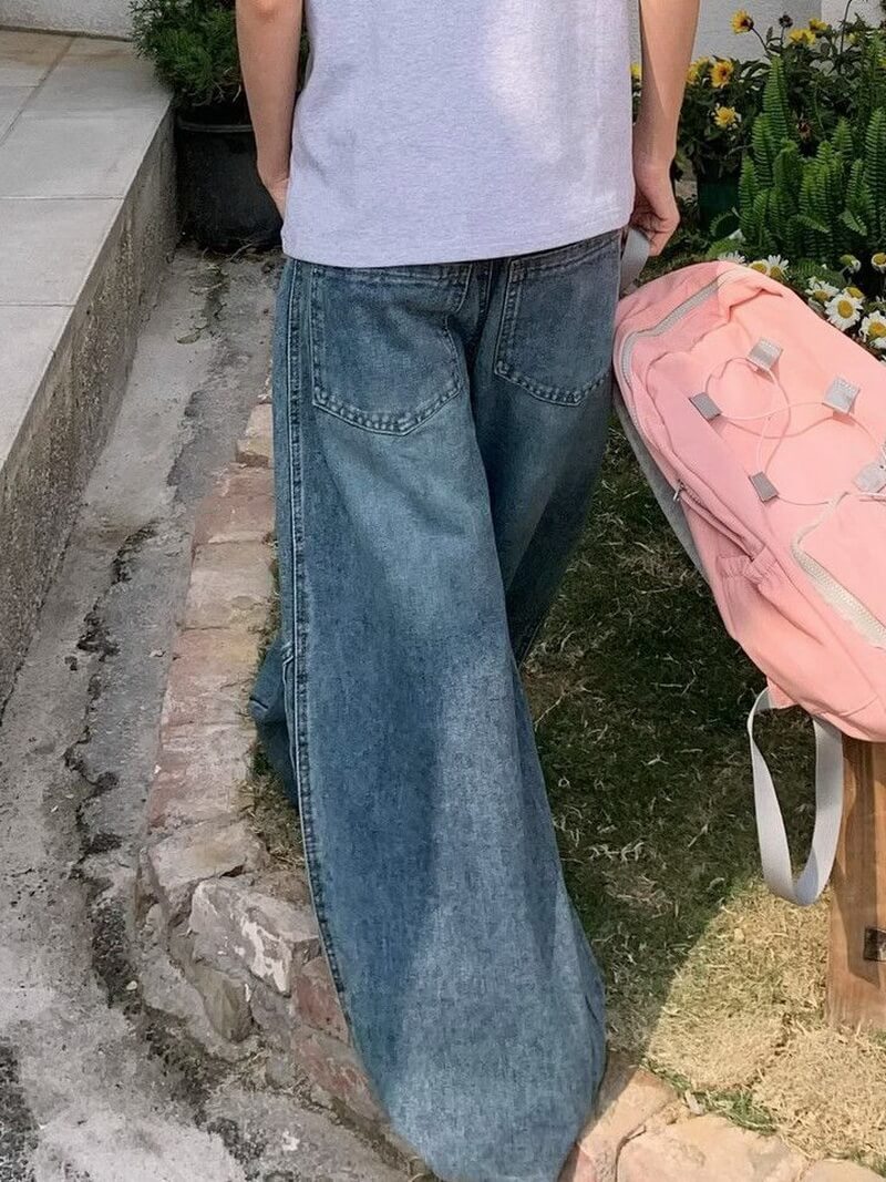 NURO Women's High-Waisted Deconstructed Wide Leg Jeans - Washed Denim, Stripe Detail, Relaxed Fit