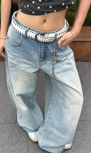 NURO Women's High-Waisted Embroidered Jeans - Wide Leg, Light Wash, Straight Fit Denim