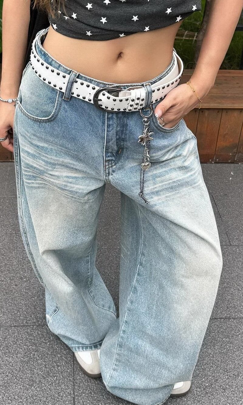 NURO Women's High-Waisted Embroidered Jeans - Wide Leg, Light Wash, Straight Fit Denim