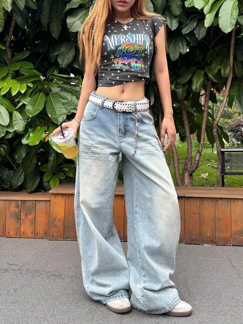 NURO Women's High-Waisted Embroidered Jeans - Wide Leg, Light Wash, Straight Fit Denim