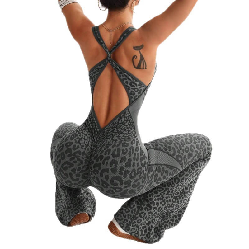 NURO Women's High-Waisted Flared Leggings with Built-in Bra - Animal Print Yoga Pants for Workout and Casual Wear