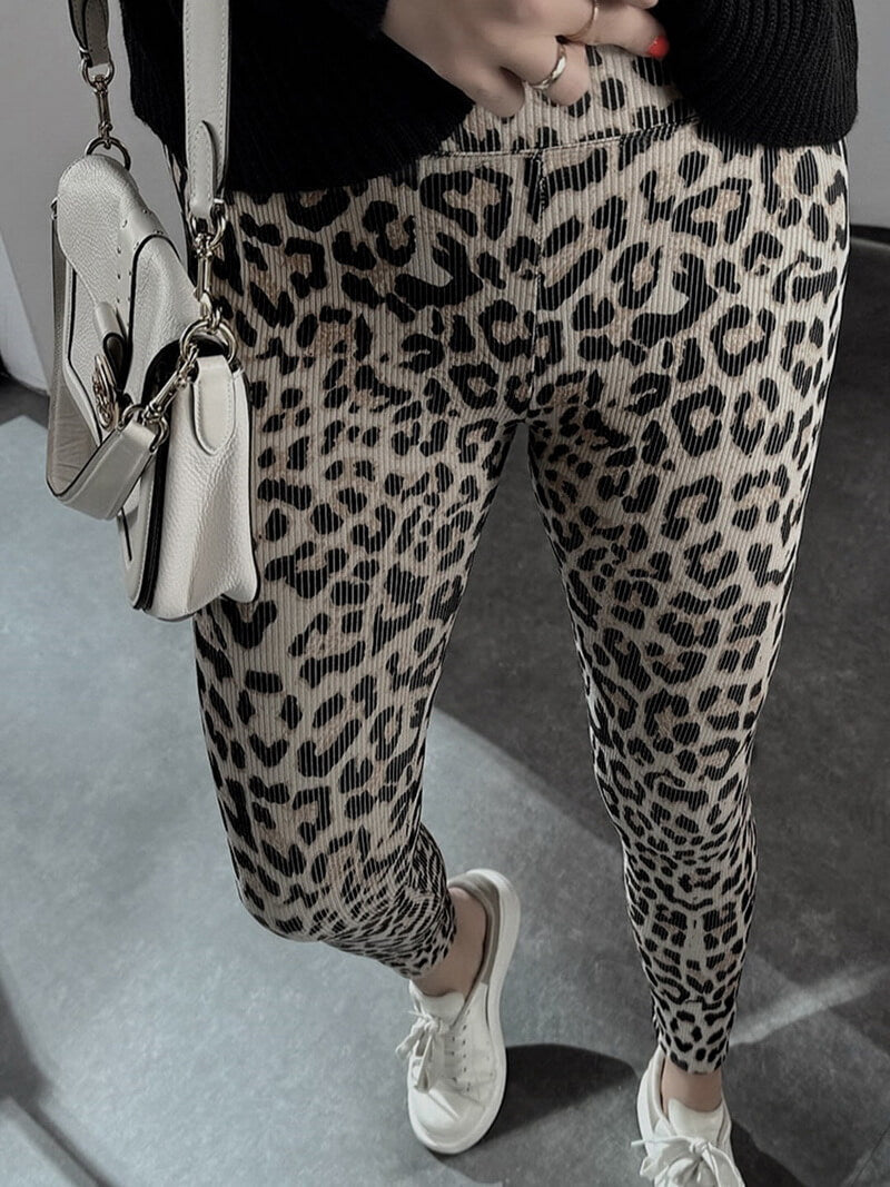 NURO Women's High-Waisted Leopard Print Skinny Pants - Super Stretchy, Soft, Thermal Shaping, Lounge & Casual Tights