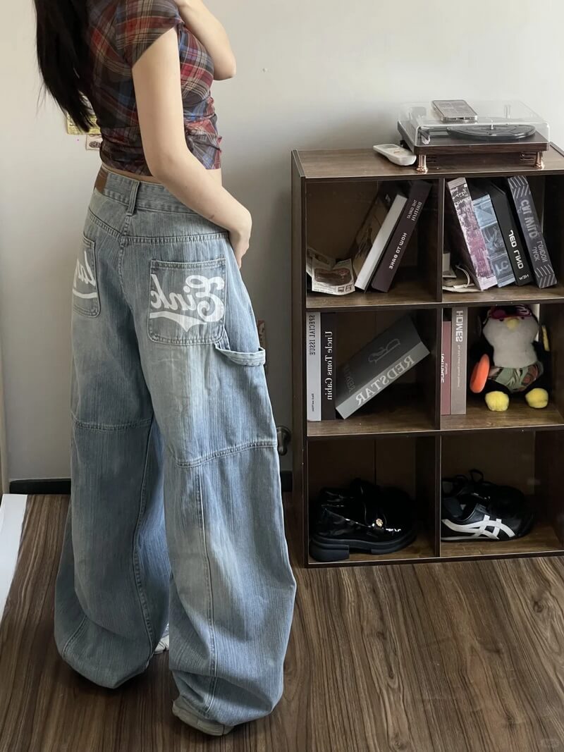 NURO Women's High-Waisted Printed Wide Leg Jeans - Graphic Lettering, Retro Style, Relaxed Fit