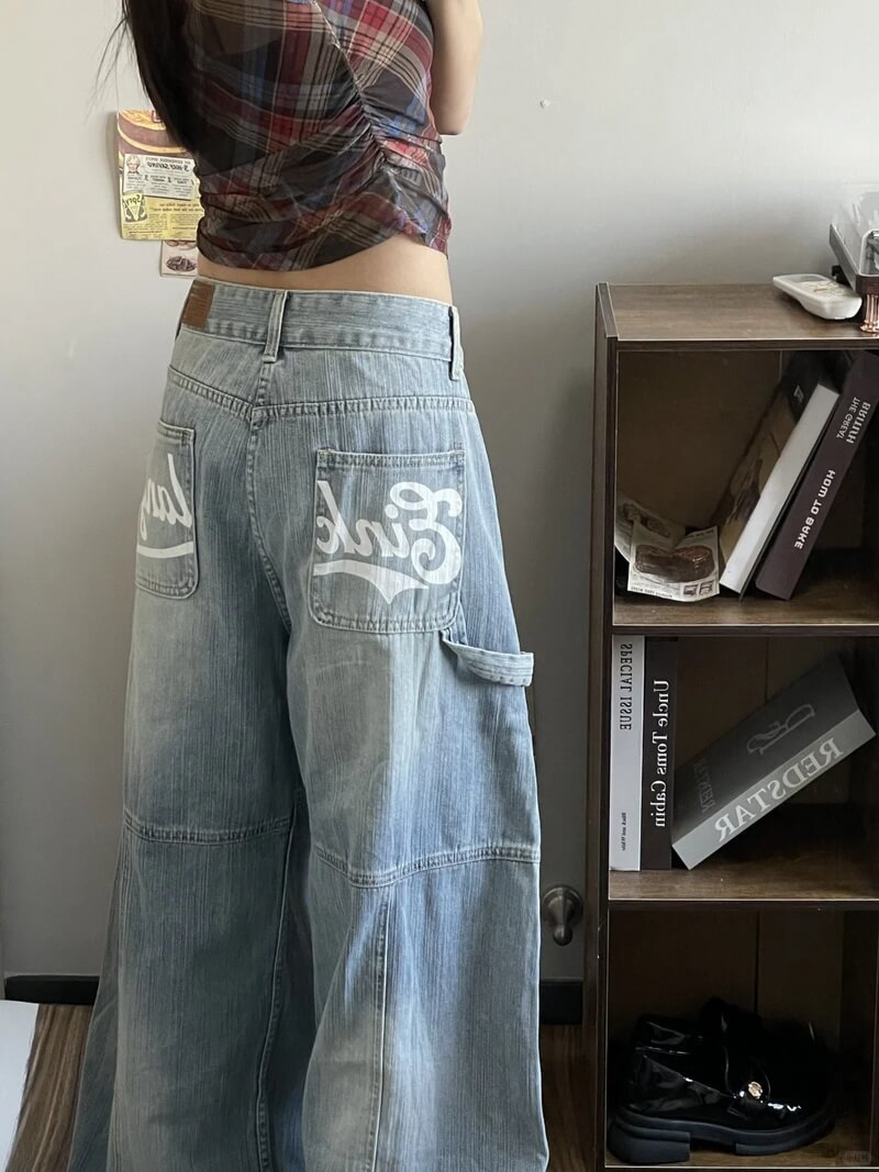 NURO Women's High-Waisted Printed Wide Leg Jeans - Graphic Lettering, Retro Style, Relaxed Fit