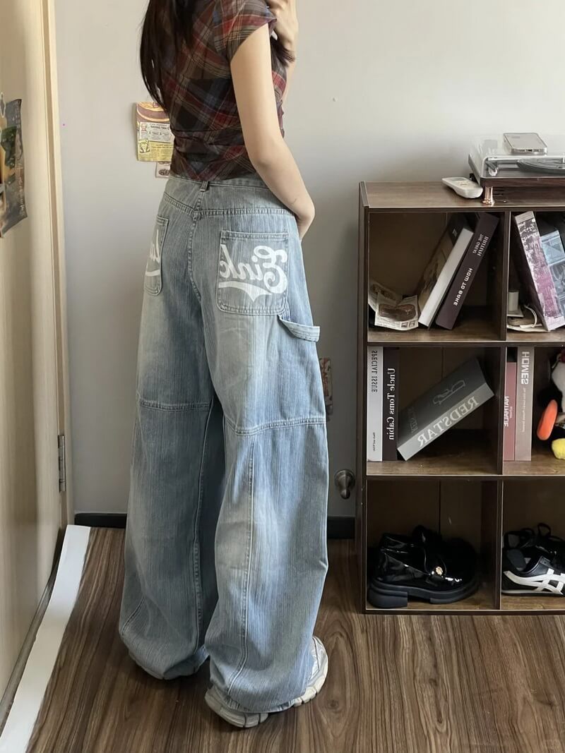 NURO Women's High-Waisted Printed Wide Leg Jeans - Graphic Lettering, Retro Style, Relaxed Fit