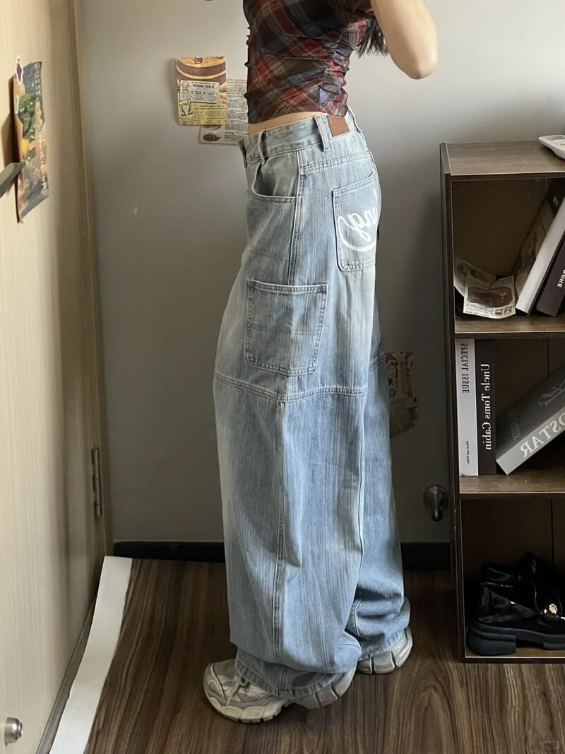 NURO Women's High-Waisted Printed Wide Leg Jeans - Graphic Lettering, Retro Style, Relaxed Fit