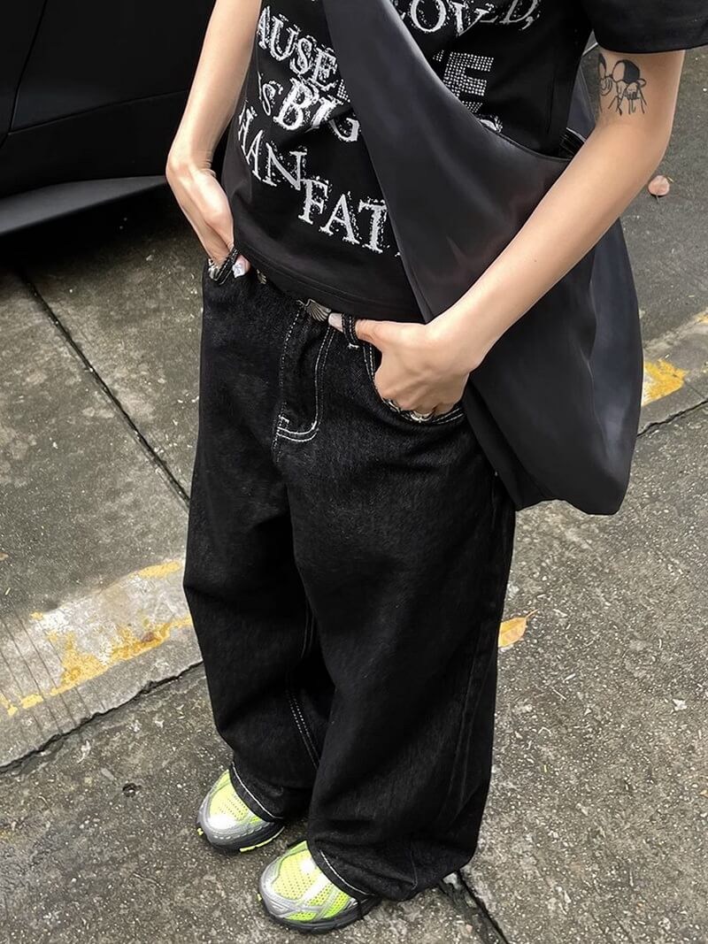 NURO Women's High-Waisted Straight Leg Jeans - Wide Fit, Relaxed, Black Denim Pants