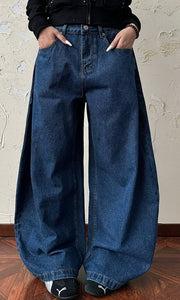 NURO Women's High-Waisted Wide Leg Jeans - Deep Blue, Relaxed Fit, Flowy Trousers