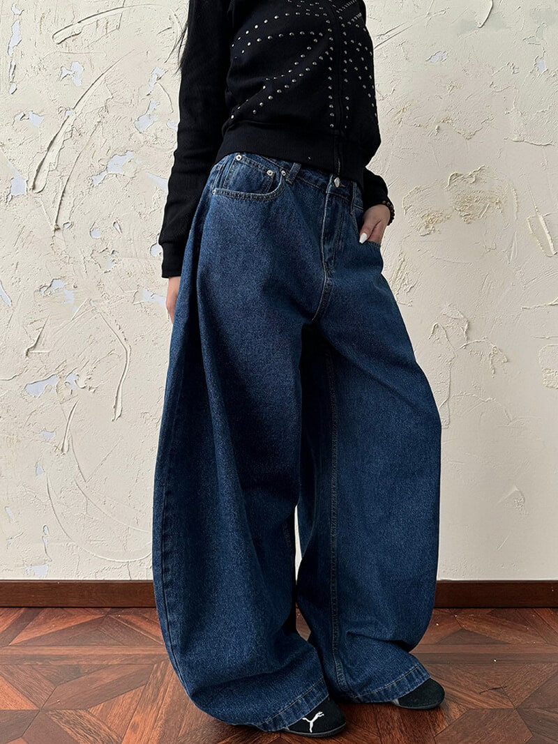 NURO Women's High-Waisted Wide Leg Jeans - Deep Blue, Relaxed Fit, Flowy Trousers