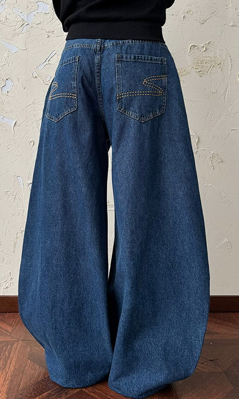 NURO Women's High-Waisted Wide Leg Jeans - Deep Blue, Relaxed Fit, Flowy Trousers