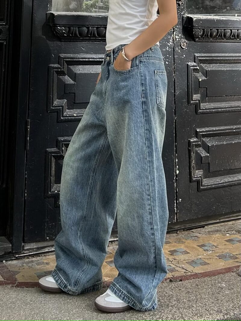 NURO Women's High-Waisted Wide Leg Jeans - Vintage Wash, Relaxed Fit, Straight Leg, Denim Trousers