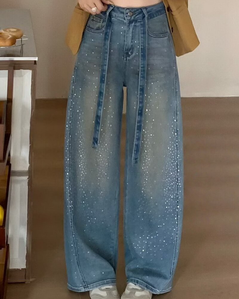 NURO Women's High-Waisted Wide Leg Jeans with Sparkle Detail and Self-Tie Belt
