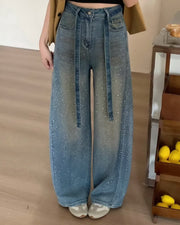 NURO Women's High-Waisted Wide Leg Jeans with Sparkle Detail and Self-Tie Belt
