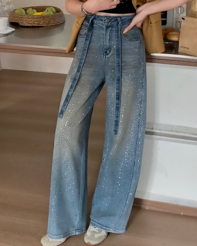 NURO Women's High-Waisted Wide Leg Jeans with Sparkle Detail and Self-Tie Belt