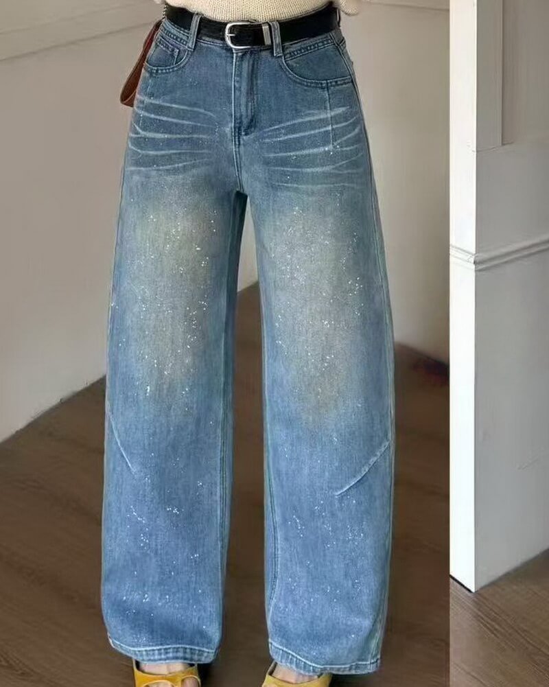 NURO Women's High-Waisted Wide Leg Jeans with Sparkle Splatter Detail